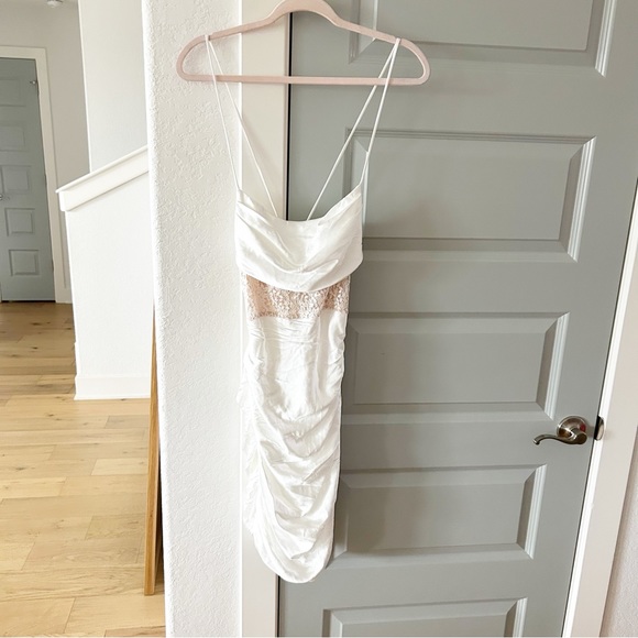 NWT Selfie Leslie Golden Era Lace Cowl Neck Ruched Mini Dress - Picture 3 of 6